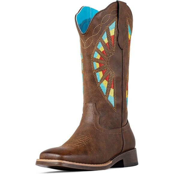 ⚡Women's Brown Wide Calf Western Embroidery Cowgirl Boot Square Toe Fashion
